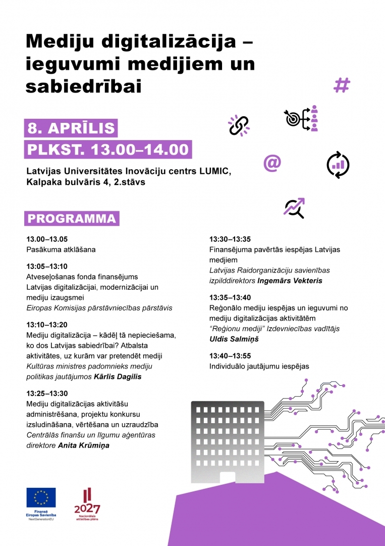 Afiša ar tekstu: Mediju digitalizācija – ieguvumi medijiem un sabiedrībai 8.aprīlī plkst. 13:00-14:00