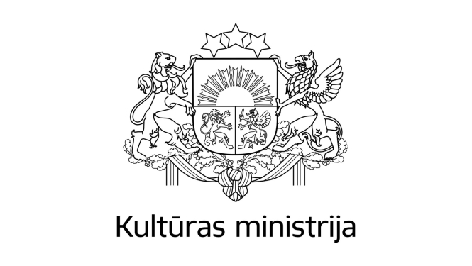 Kultūras ministrijas melnbaltā ģērboņa versija uz balta fona