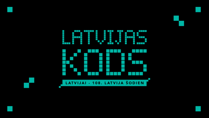 Tirkīzkrāsas uzraksts uz melna fona: LATVIJAS KODS