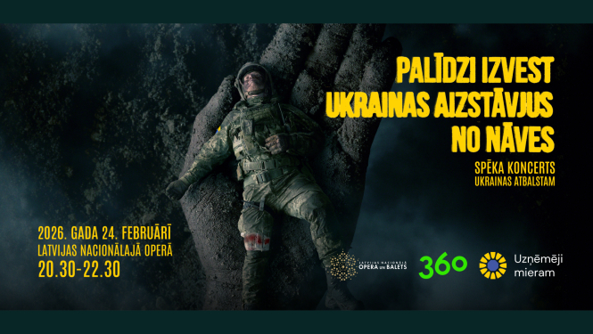 Guļošs ievainots karavīrs kara laukā un teksts “Palīdzi izvest Ukrainas aizstāvjus no nāves”, Spēka koncerts Ukrainas atbalstam