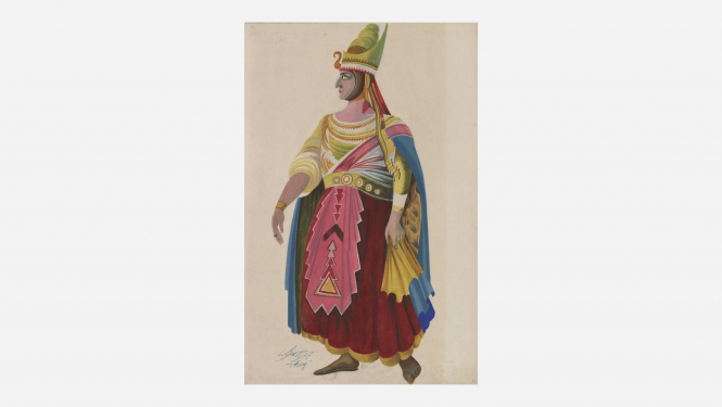 Ludolfs Liberts. Faraons. Kostīma skice Džuzepes Verdi operas “Aīda” iestudējumam Lietuvas Valsts teātrī. 1927. Papīrs, zīmulis, tempera, zelta bronzas krāsa. Rakstniecības un mūzikas muzeja kolekcija. Publicitātes foto