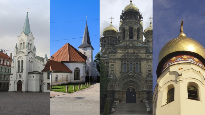 Sāpju Dievmātes katoļu baznīca, Tukuma luterāņu baznīca, Liepājas Sv. Nikolaja pareizticīgo Jūras katedrāle un Grebenščikova vecticībnieku kopienas lūgšanu nams