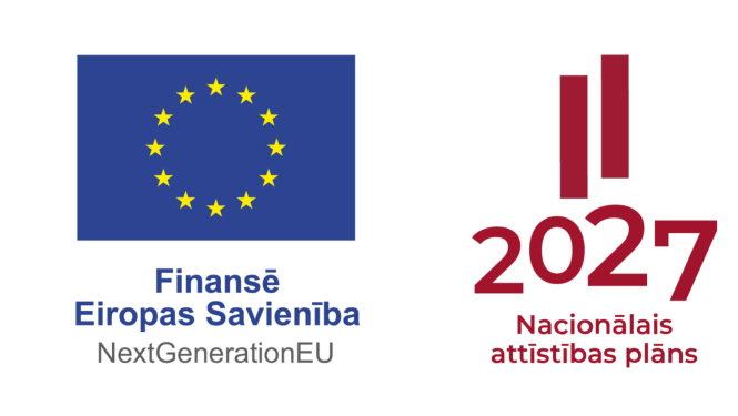 Logotips ar uzrakstu: Finansē Eiropas Savienība un 2027 Nacionālais attīstības plāns