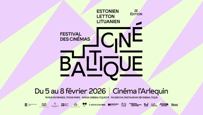 Plakāts ar dzelteniem un rozā krāsu laukumiem un stilizētu uzrakstu „CinéBaltique”