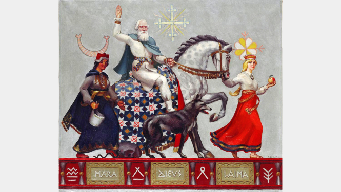 Mākslinieka Jēkaba Bīnes glezna "Dievs, Māra, Laima" (1931), attēlā Laima, Māra un Dievs zirga mugurā