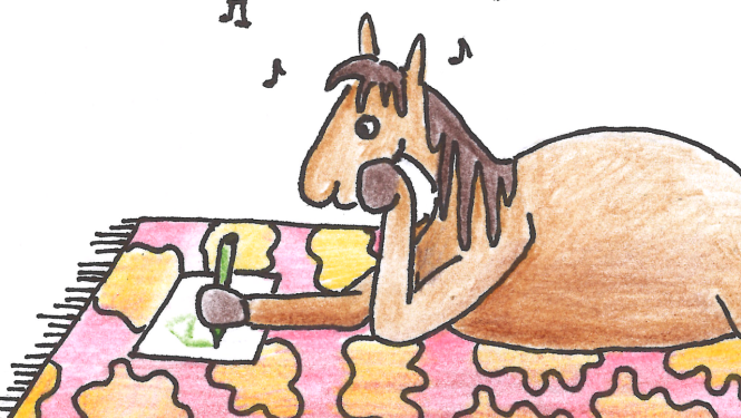 Zīmējums/ilustrācija ar zirgu, kas sēž uz paklāja un zīmē
