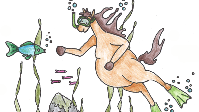 Zīmēta ilustrācija ar zirgu zem ūdens un zivīm