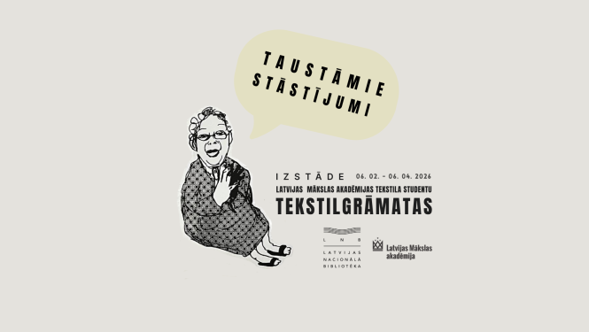 "Taustāmie stāstījumi" afiša ar informāciju par izstādes norisi un fragmentu no Terēzes Juškus darba “Ikdiena”