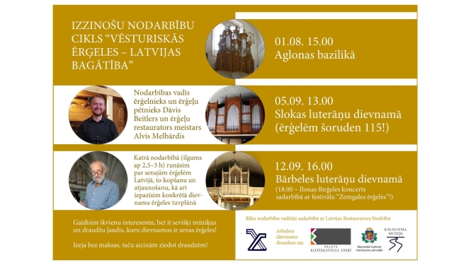 Pasākuam afiša ar galveno informāciju, ērģeļu un nodarbību vadītāju foto, logo ansambli