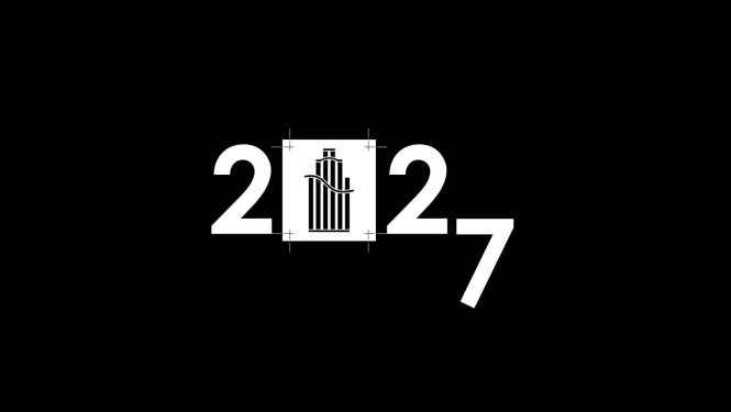 Uz melna fona balts 2027, kur 0 vietā Arhitektūras muzeja logo