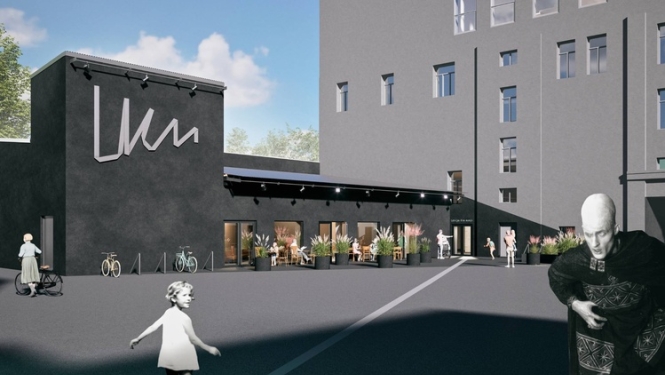 Latvijas Kino muzeja vizualizācija ar melnbaltiem tēliem