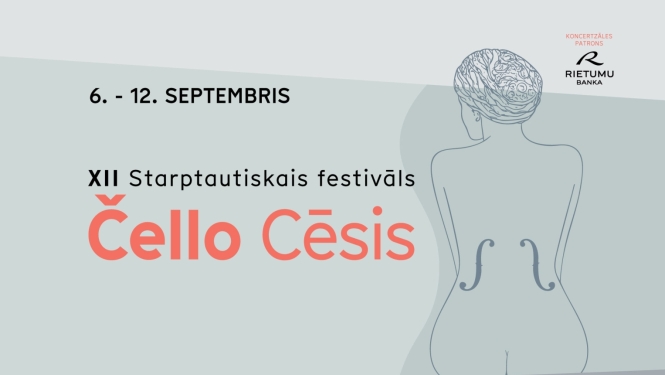 Zīmējums, sievietes figūra, teksts 6.-12. septembris XII Starptautiskais festivāls Čello Cēsis