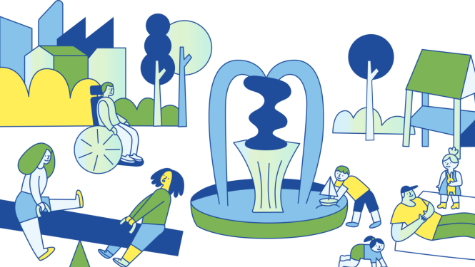 Ilustrācija ar dažādām cilvēku grupām pilsētvidē parkā