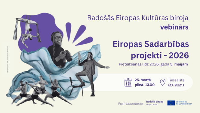 Vizuālais materiāls informatīvajai sesijai par Radošās Eiropas konkursu "Eiropas Sadarbības projekti". Attēla uz gaiši dzeltenā fona ir kolāža, kas attēlo māksliniekus - dzejnieku, dejotājus, cirka māksliniekus - un violetus un zilus kolāžas elementus. Attēlā ir redzama informācija par pasākumu - norises datums, laiks, platforma, uzsaukums un logo.