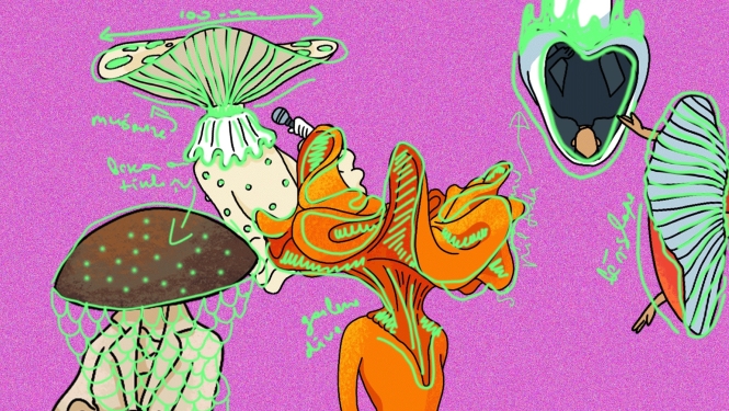 Ilustrācija ar dažādām sēņu formām