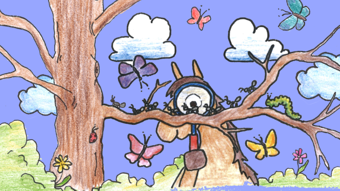 Ilustrācija ar zirgu un dažādiem kukaiņiem