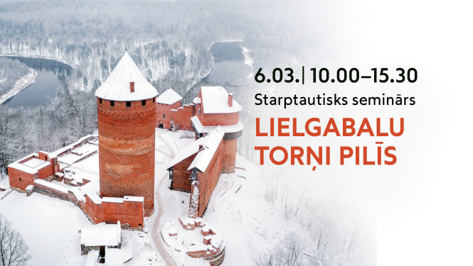 Turaidas pils ziemā, teksts uz attēla: Starptautisks seminārs "Lielgabalu torņi pilīs"