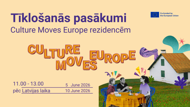 Tīklošanās pasākumi Culture Moves Europe rezidencēm 5. un 10. jūnijā. Fonā ir krāsaina kolāža ar māju, kura priekšā aiz galda sēž cilvēki, sarunājoties.