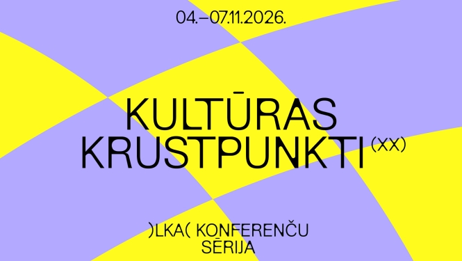 Konferences vizuālā identitāte - krāsains fons un teksts: Kultūras krustpunkti XX