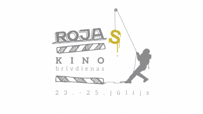 Stilizēta filmu klapīte un cilvēka siluets uz balta fona, teksts: "Rojas kino brīvdienas / 23-25 jūlijs"
