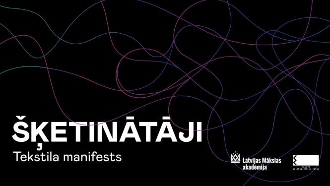 Tumšas krāsas afiša ar tekstu “ŠĶETINĀTĀJI. Tekstila manifests”