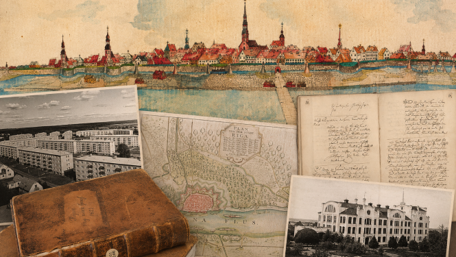 Vēsturiskās Rīgas attēlojums, karte, pieraksti, divas fotogrāfijas
