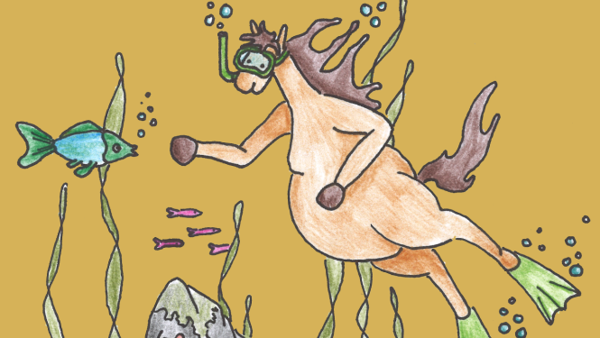 Ilustrācija ar zirgu, kas peld zem ūdens un vēro zemūdens pasauli