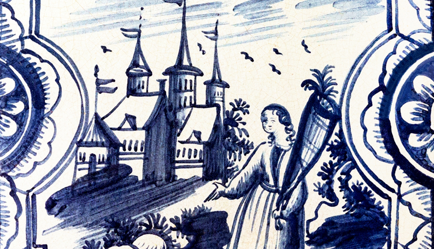 Fragments no krāsns podiņa "Sieviete ar pārpilnības ragu". Hercoga ģērbistabas krāsns, Ivana Ušakova brigādes darbs, 1738