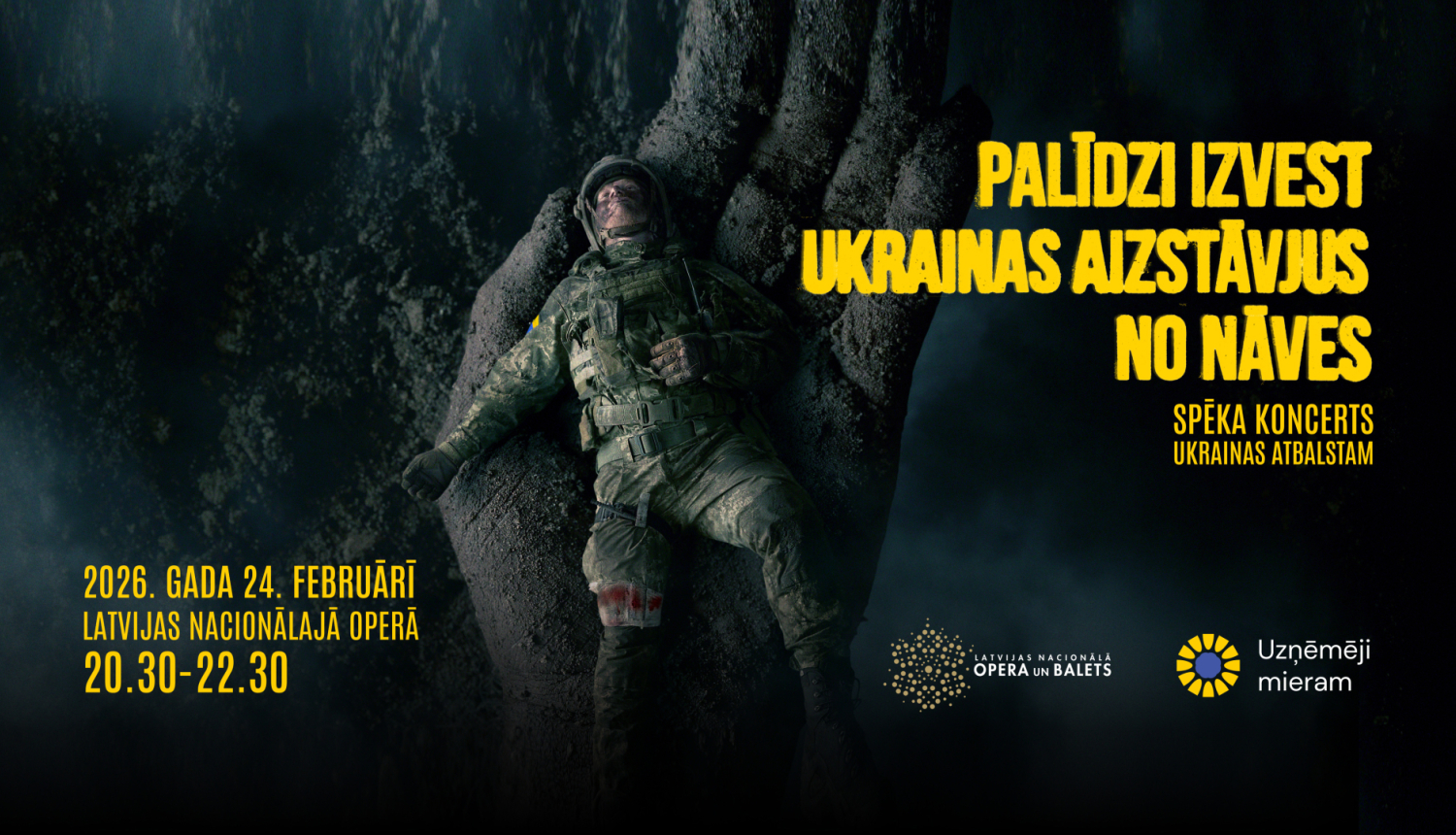 Attēls ar guļošu, ievainotu karavīru kara laukā un teksts: Palīdzi izvest Ukrainas aizstāvjus no nāves