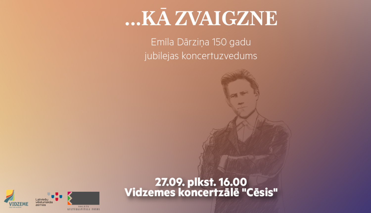 Koncertuzveduma afiša - Emīla Dārziņa zīmēts portrets un teksts “...KĀ ZVAIGZNE”.