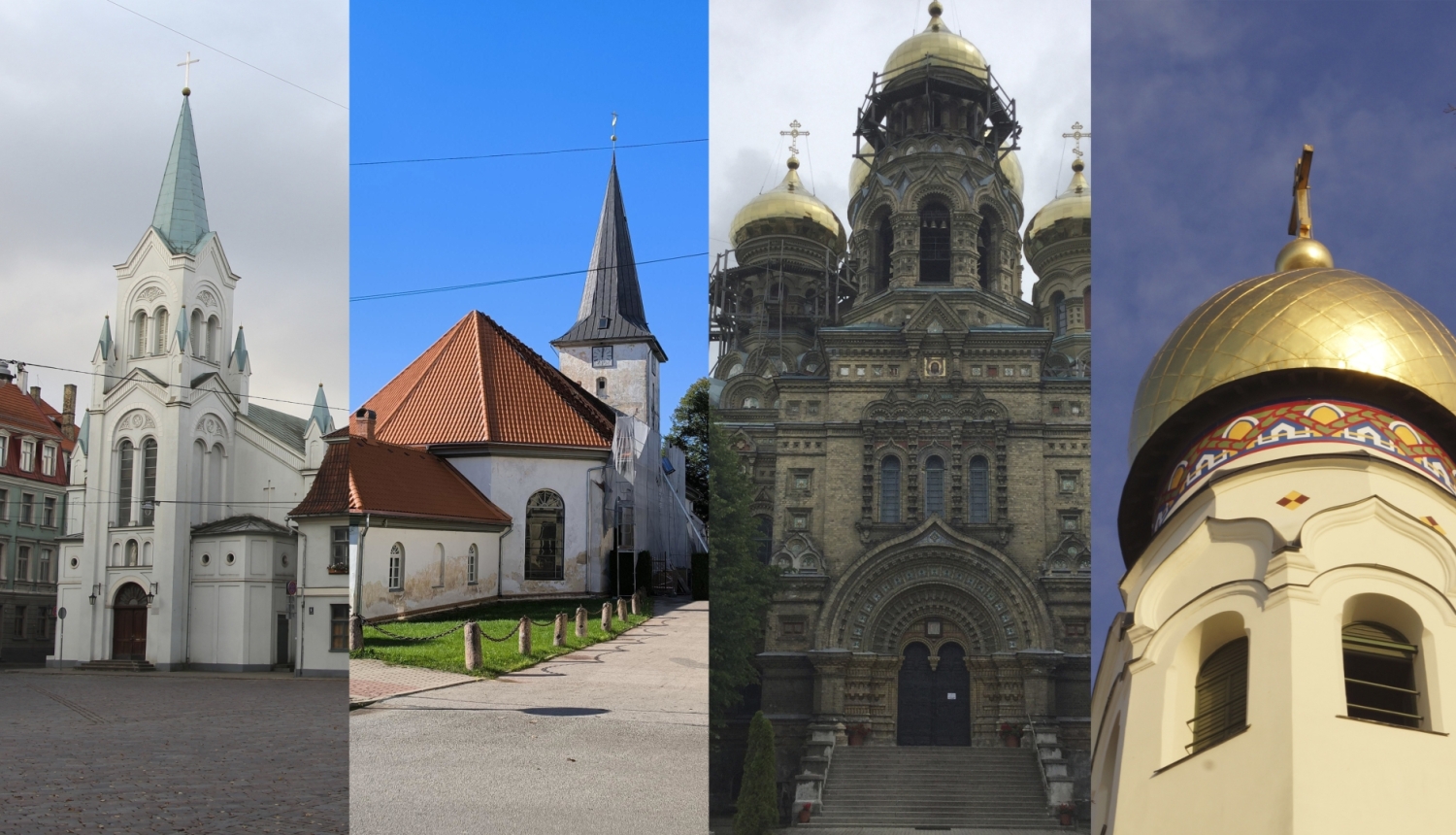 Sāpju Dievmātes katoļu baznīca, Tukuma luterāņu baznīca, Liepājas Sv. Nikolaja pareizticīgo Jūras katedrāle un Grebenščikova vecticībnieku kopienas lūgšanu nams