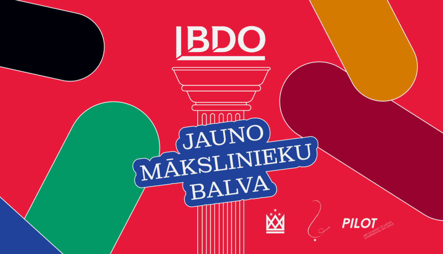 Sarkans grafisks fons ar abstraktām krāsainām formām. Centrā balts BDO logo virs stilizētas kolonnas, uz tās uzraksts "Jauno makslnieku balva".