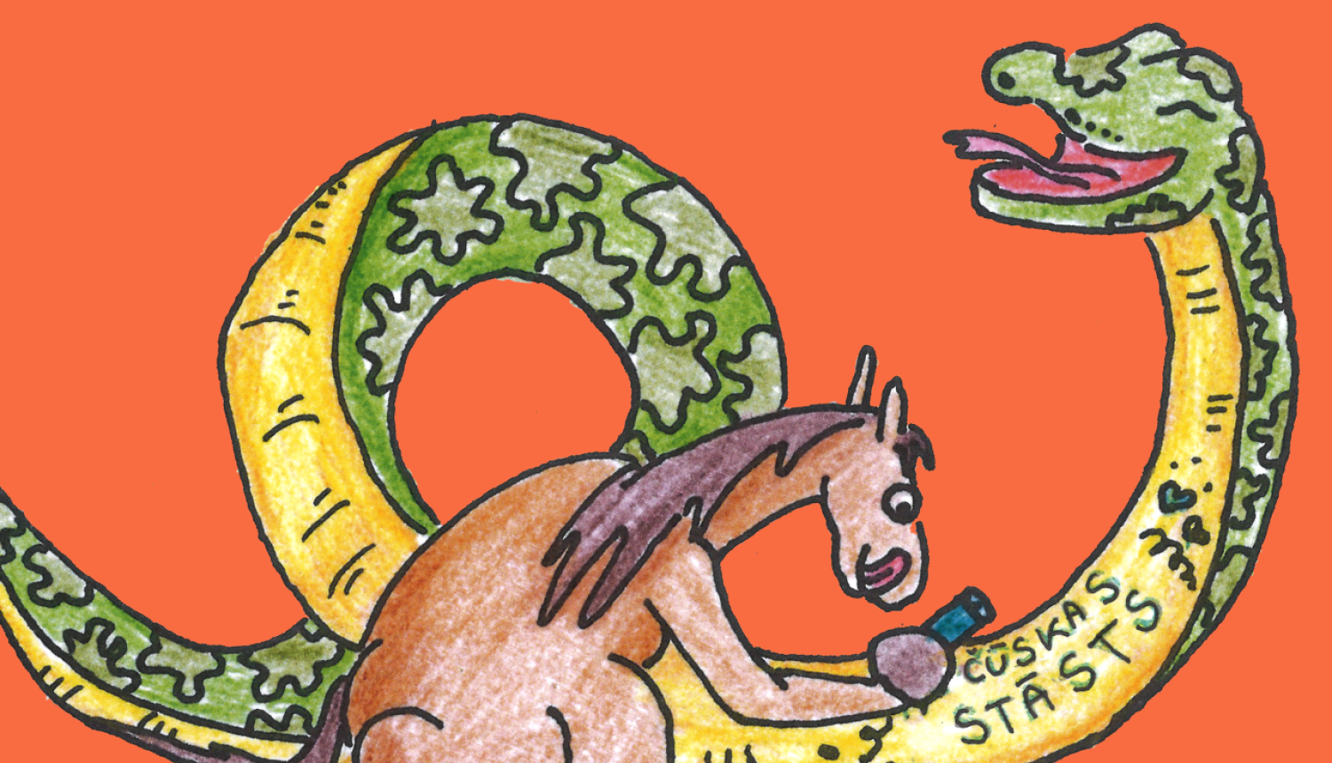 Ilustrācija ar čūsku un zirgu, kas kutina čūskai vēderu