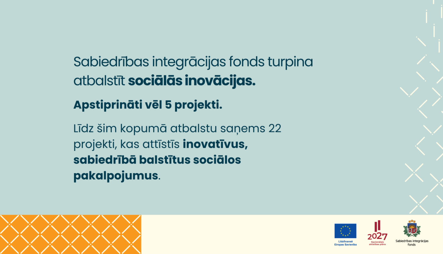 Tekst uz gaiši zaļa fona: Sabiedrības integrācijas fonds turpina atbalstīt sociālās inovācijas – apstiprināti vēl pieci projekti