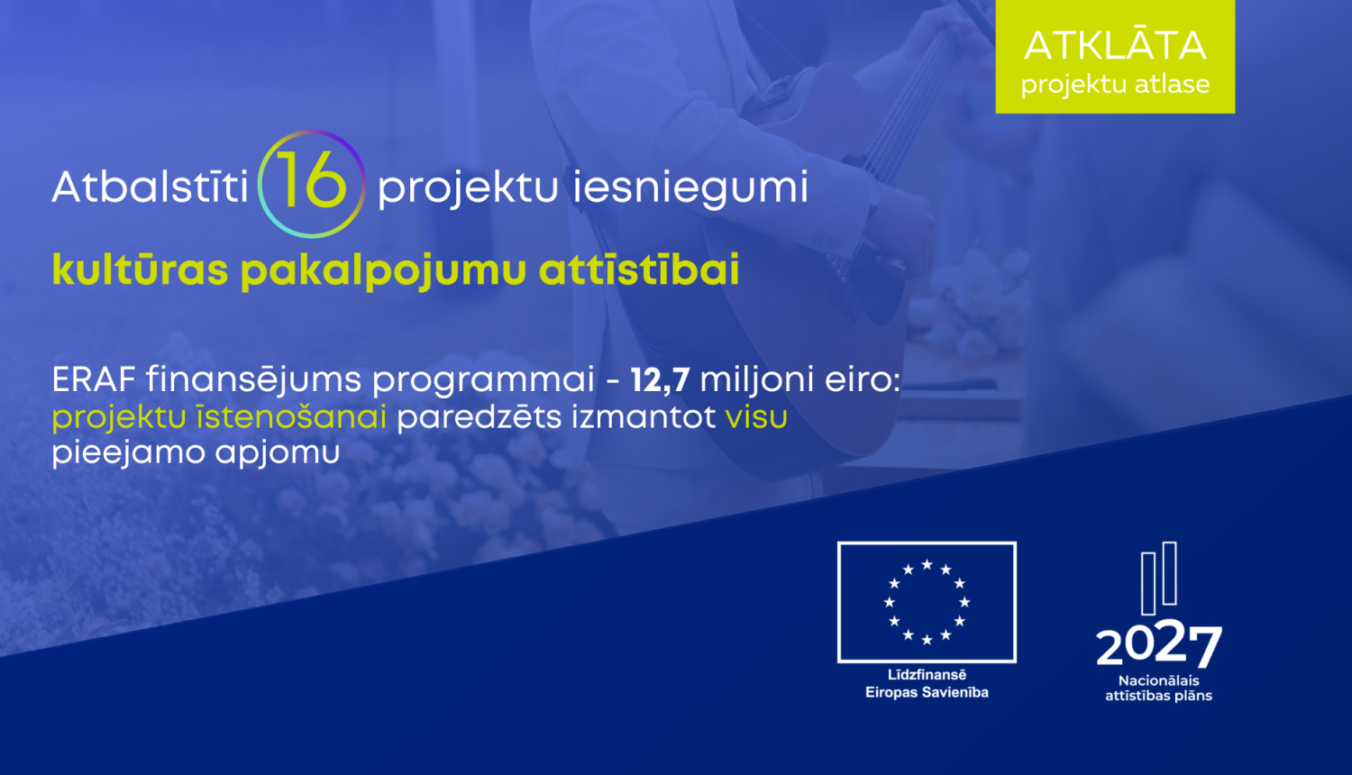 Teksts uz zilas krāsas fona: Atbalstīti 16 projektu iesniegumi kultūras pakalpojumu attīstībai