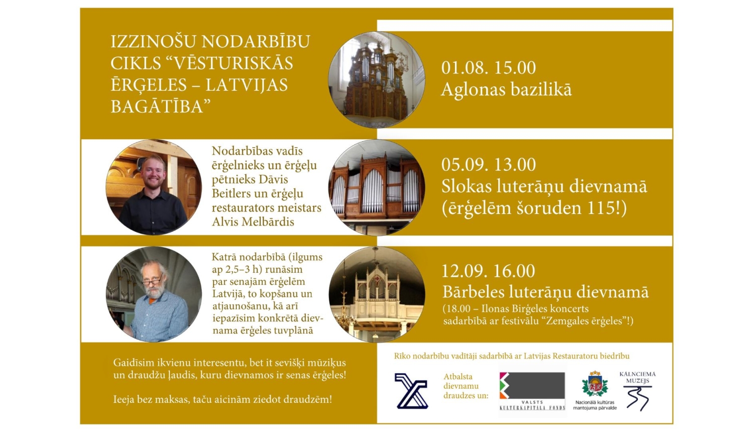 Pasākuam afiša ar galveno informāciju, ērģeļu un nodarbību vadītāju foto, logo ansambli