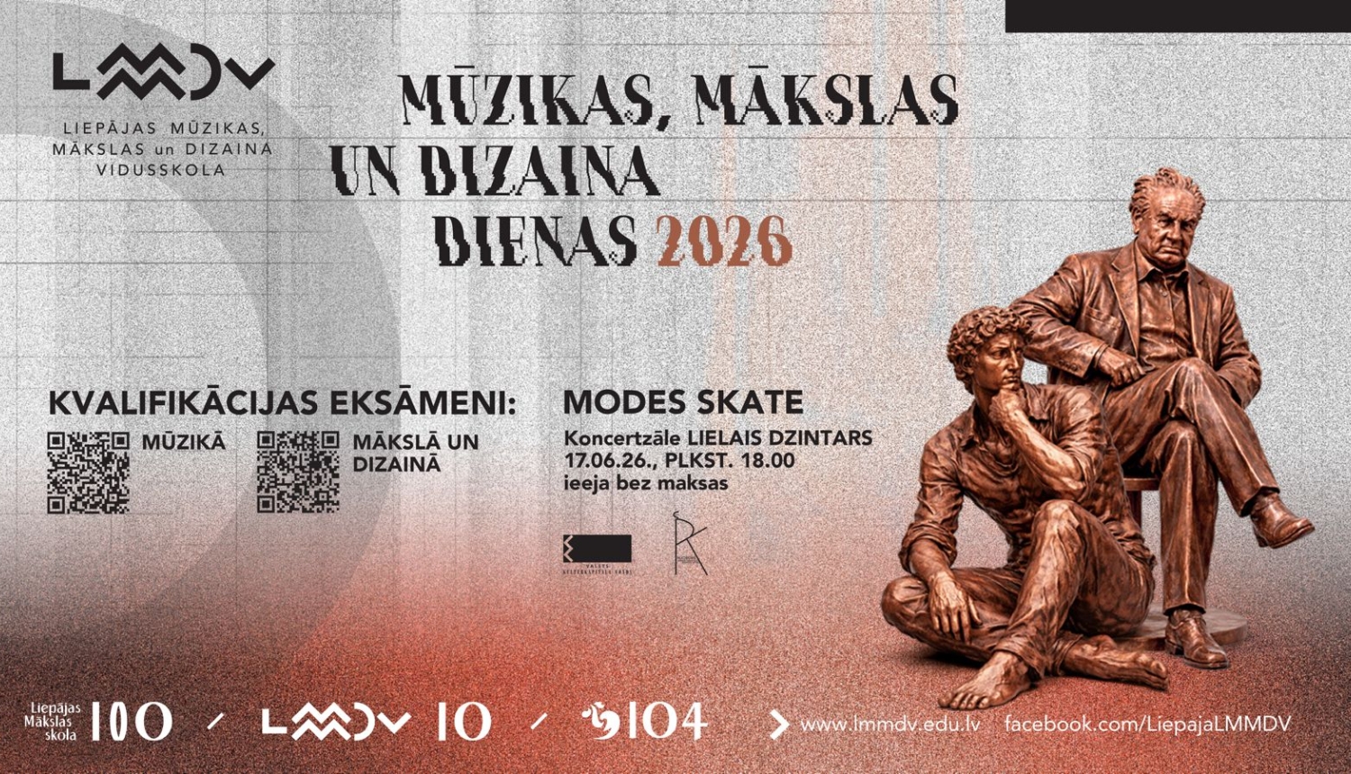 Afiša ar skulptūras figūru un tekstu: Mūzikas, mākslas un dizaina dienas 2026