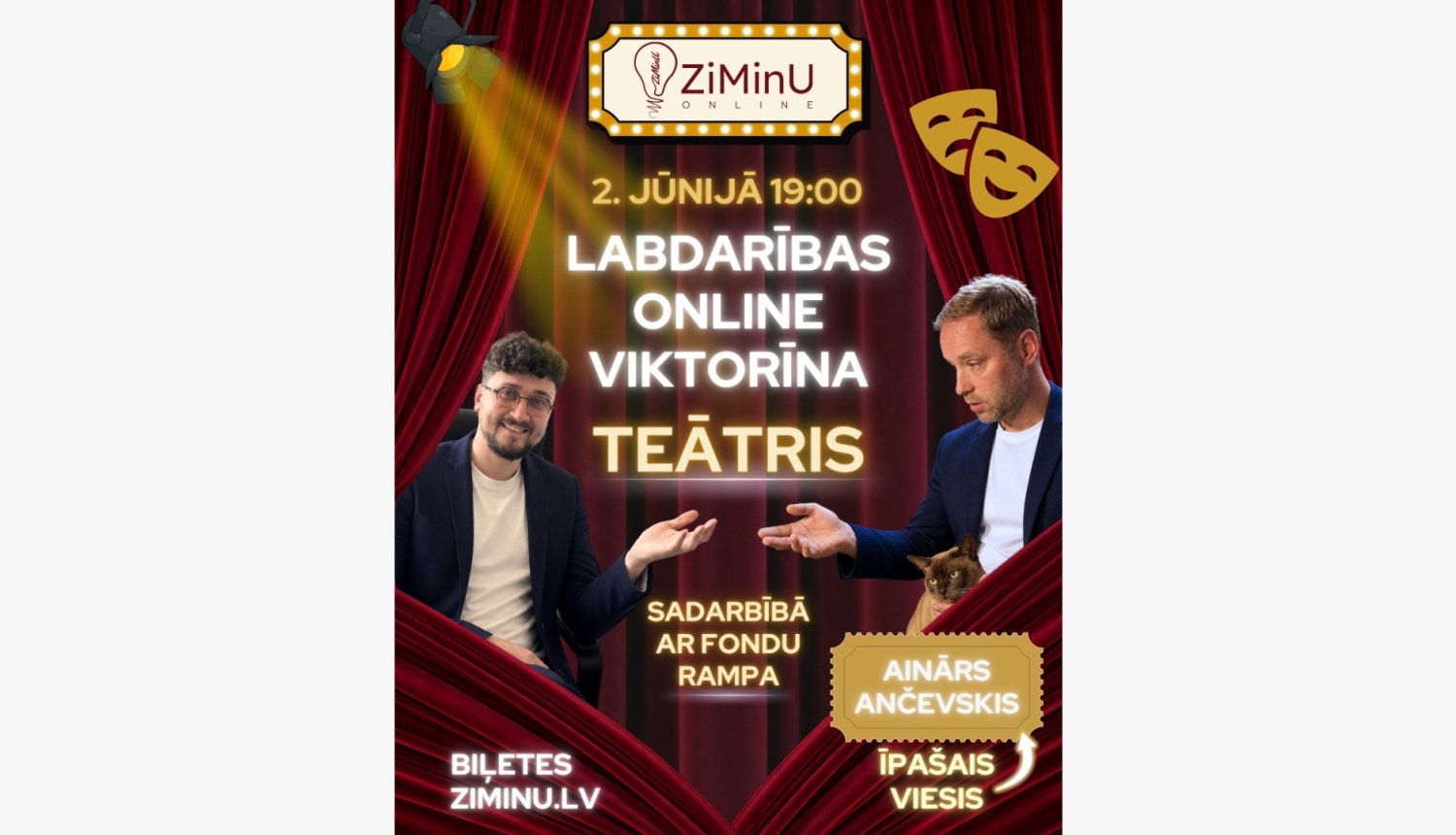 Plakāts "Labdarības viktorīna TEĀTRIS teātra vecmeistaru atbalstam"
