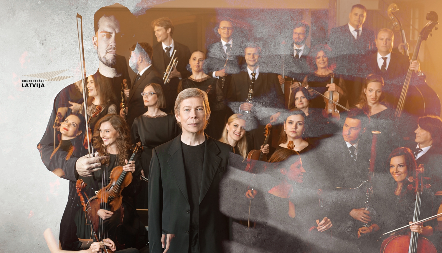 Foto kolāža - kamerorķestris “Sinfonietta Rīga”, beļģu vijolnieks Marks Buškovs un diriģents Normunds Šnē