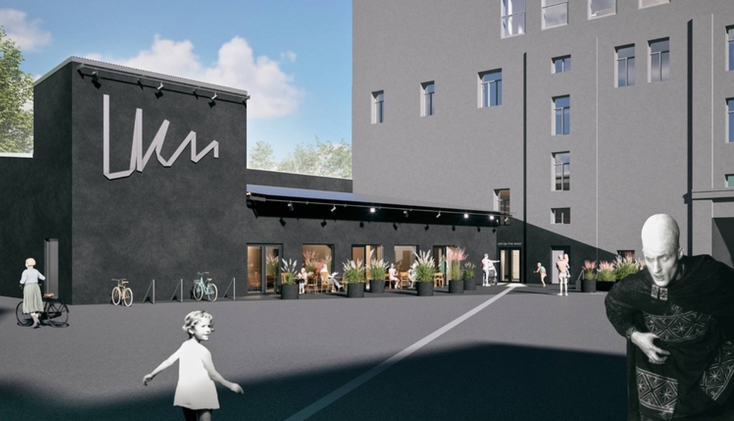 Latvijas Kino muzeja vizualizācija ar melnbaltiem tēliem