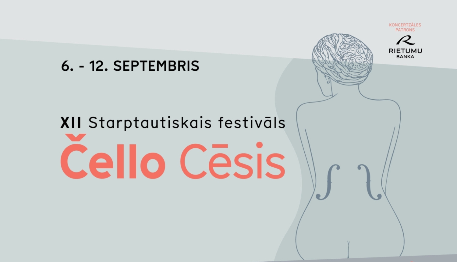 Zīmējums, sievietes figūra, teksts 6.-12. septembris XII Starptautiskais festivāls Čello Cēsis
