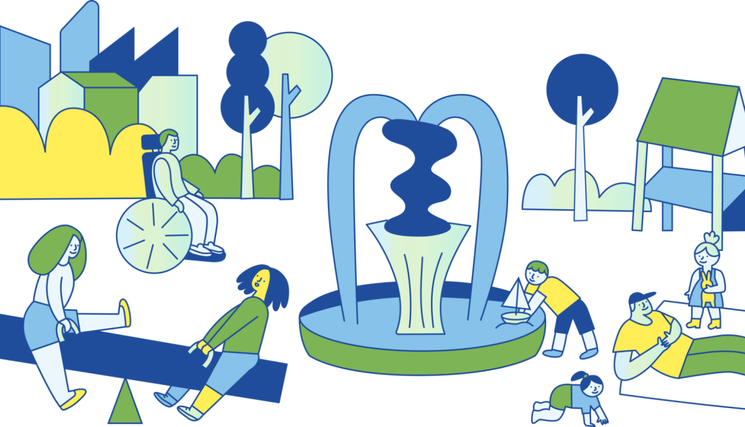Ilustrācija ar dažādām cilvēku grupām pilsētvidē parkā