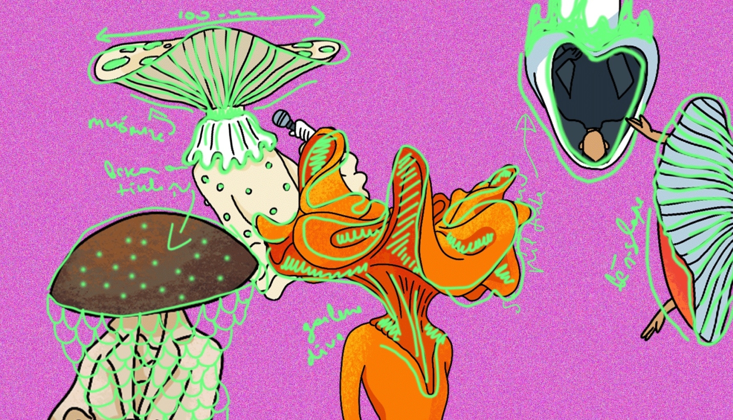 Ilustrācija ar dažādām sēņu formām