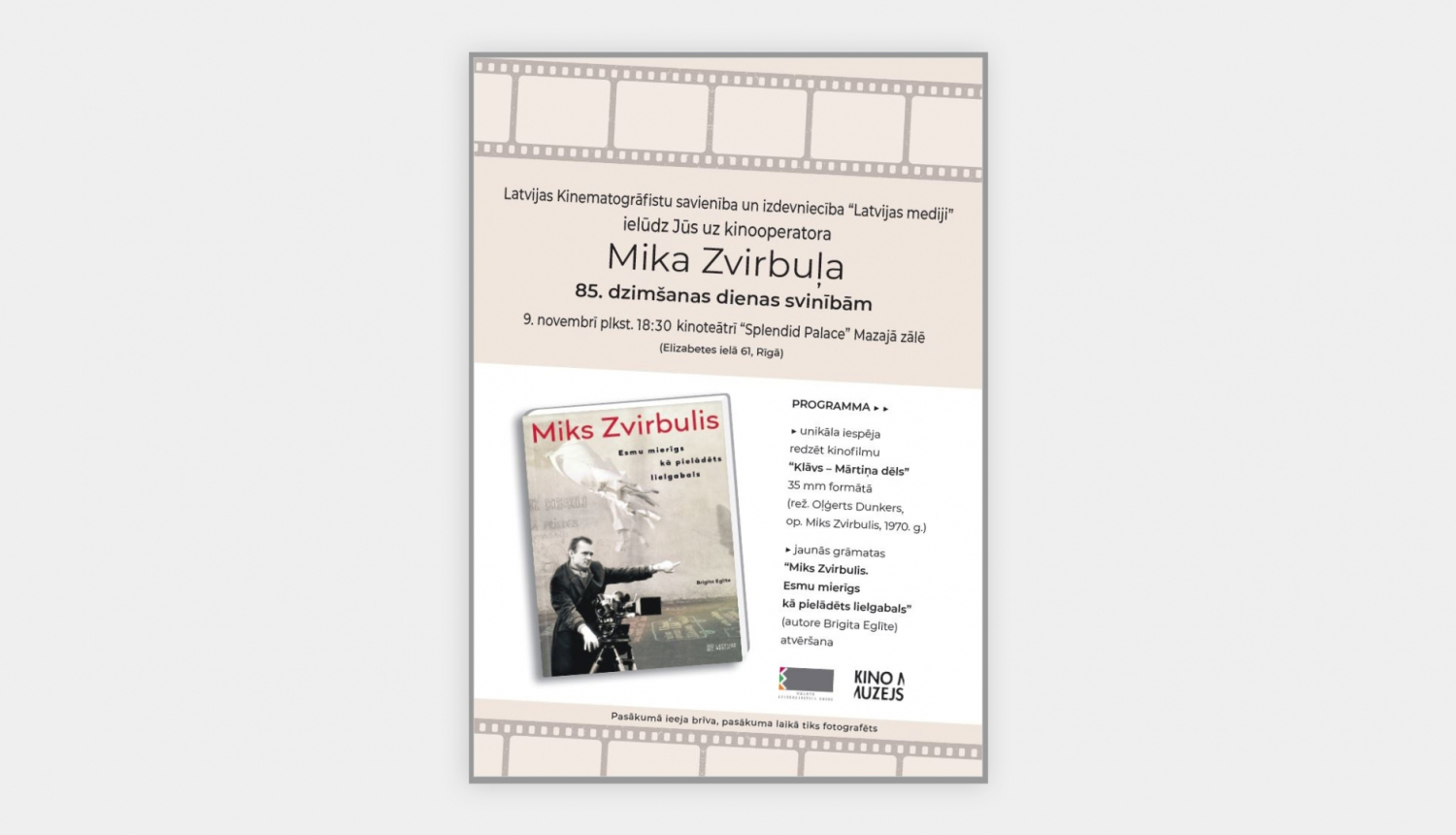 Operatora Mika Zvirbuļa jubilejas un Brigitas Eglītes grāmatas atvēršanas svētku plakāts