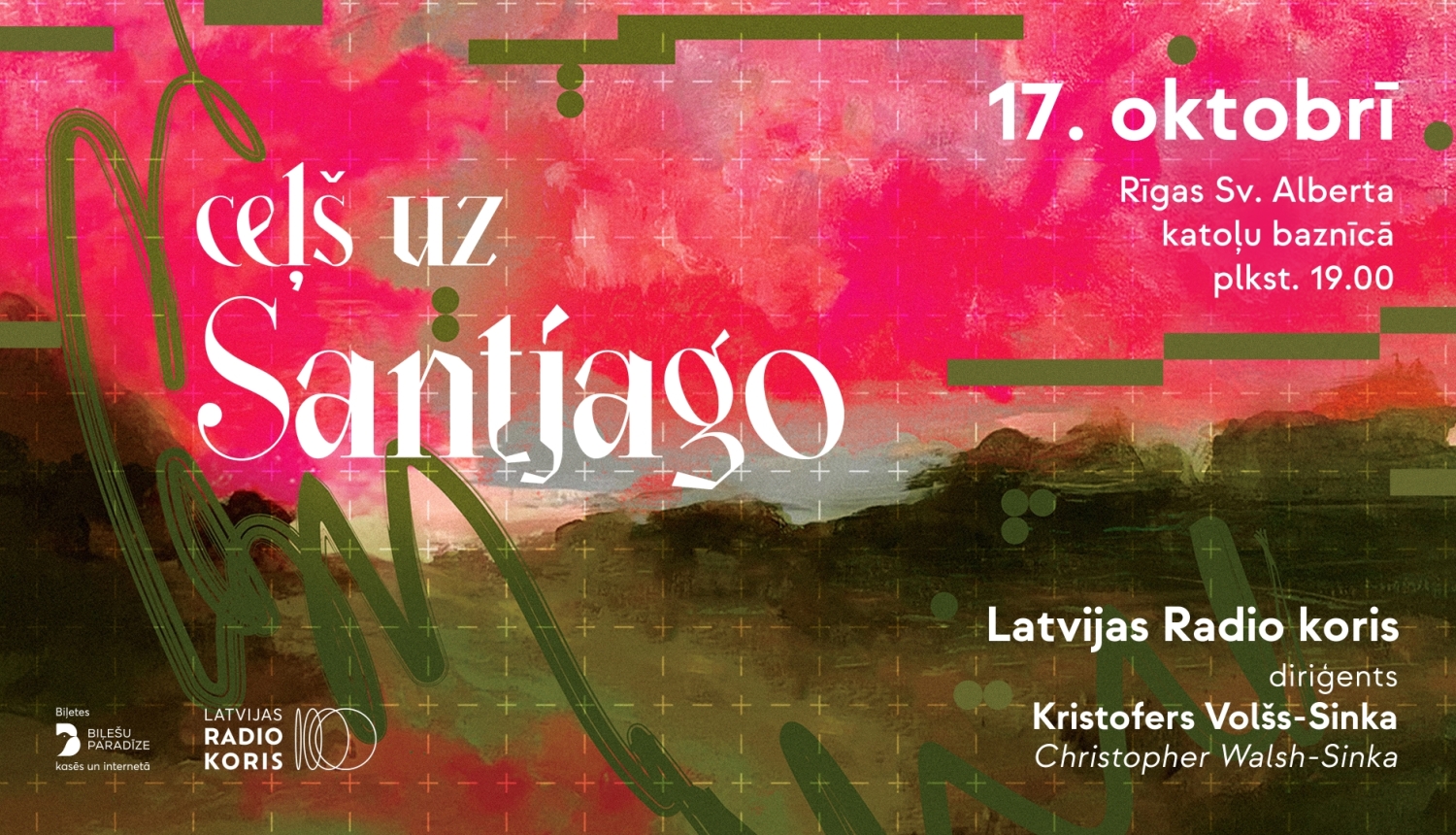 Teksts uz gleznotu ainavu fonā: Ceļš uz Santjago