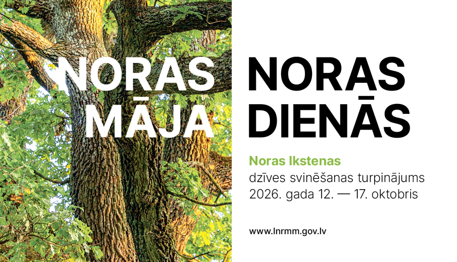 Attēls ar ozolu un teksts: Noras māja Noras dienās