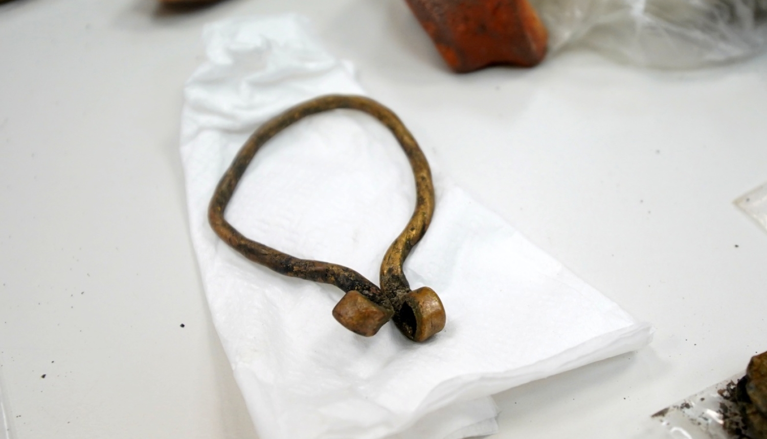 Uz balta galda, baltas plēves arheoloģiskais atradums - pakavsakta