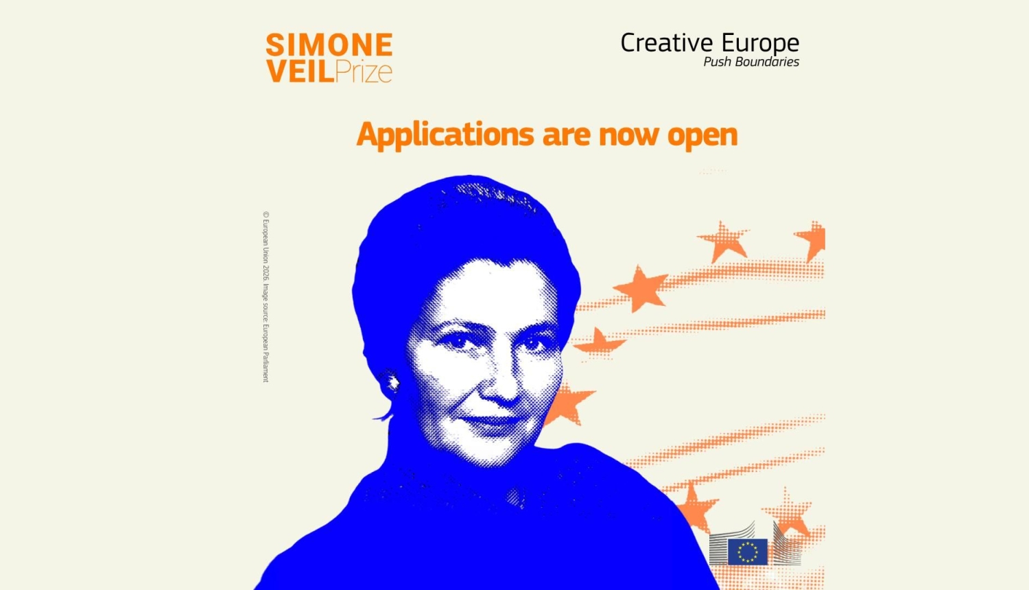 Ir atvērta pieteikšanās Simonas Veilas balvai! Attēla centrā ir grafisks Simonas Veilas portrets zilā tonī, aiz portreta riņķī ir izvietotas oranžās zvaigznes. 