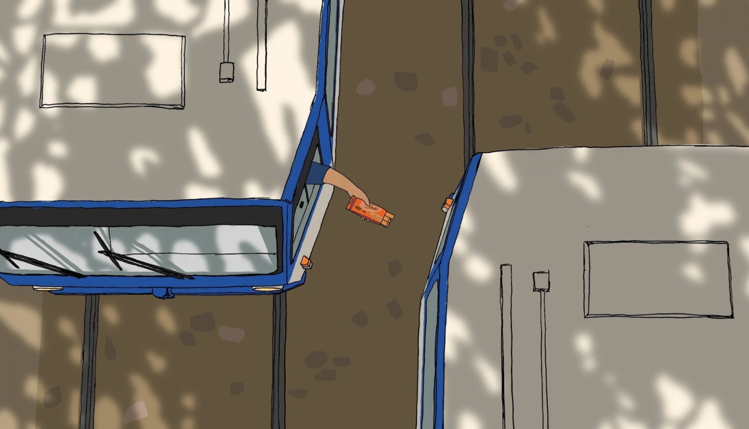 Kadrs no animācijas mākslas filmas, viens tramvaja vadītājs padod saldumus otram