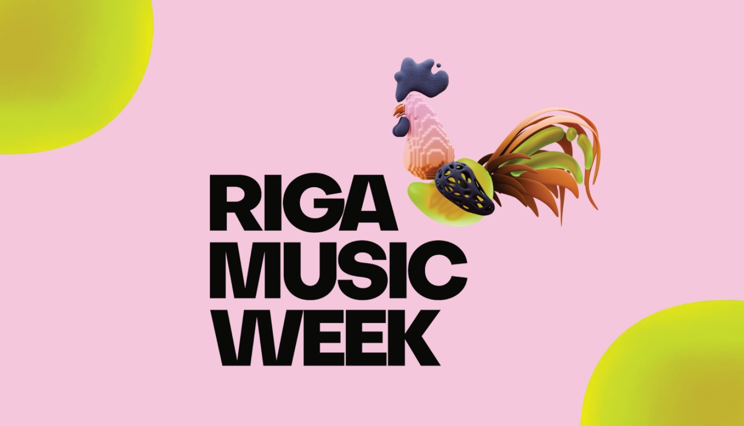 Riga Music Week logotips ar uzrkastu un stilizētu rīgas baznīcas torņa gaiļa figūriņu